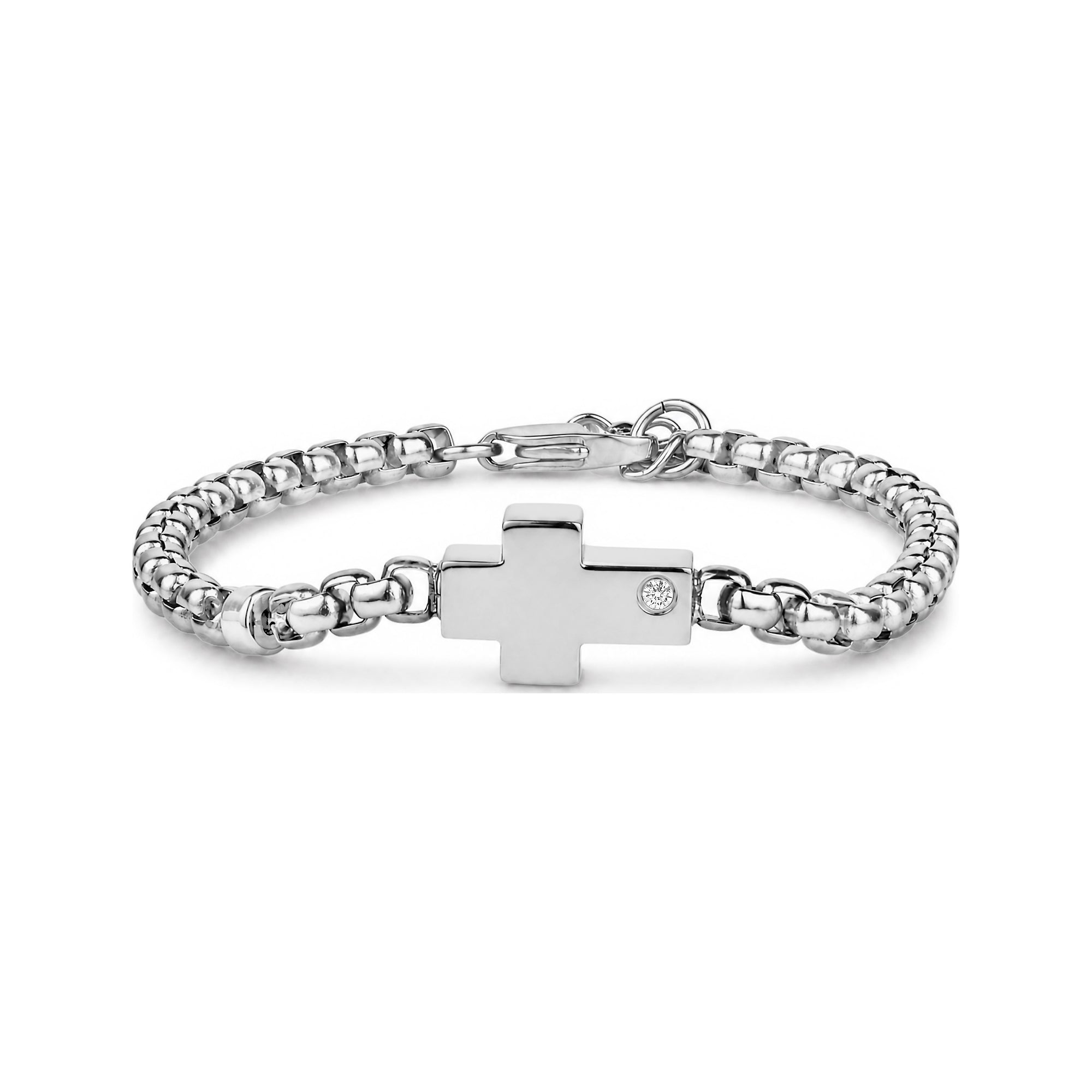 Silver cross-shaped urn bracelet with a lab diamond accent on a 4mm box link chain, cross charm conceals a hidden ash capsule