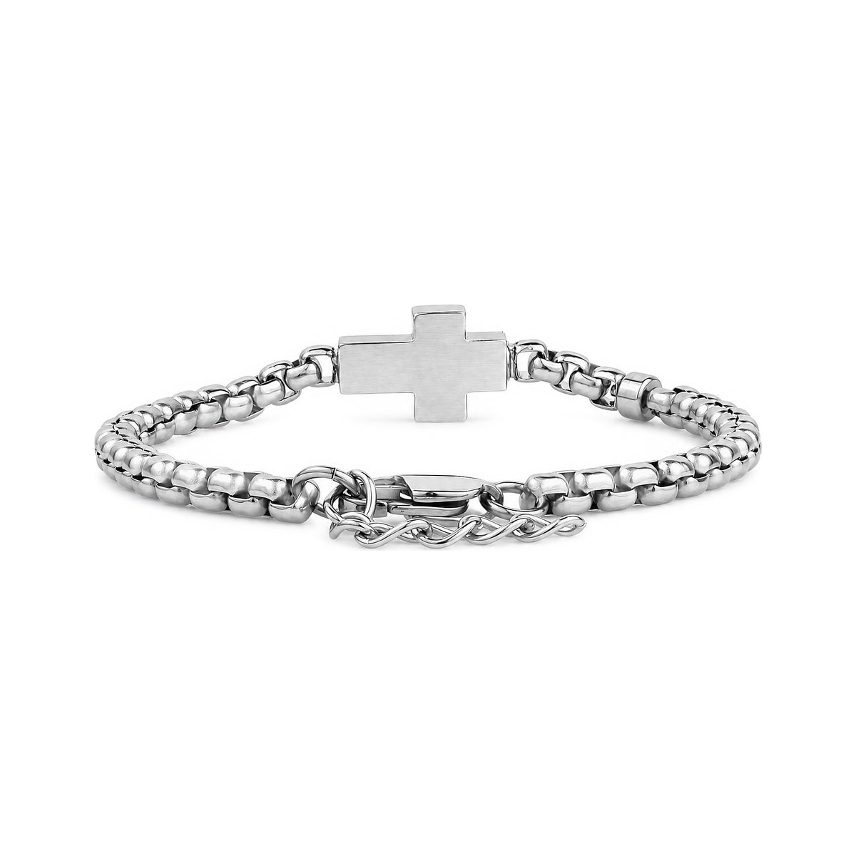 Silver cross-shaped urn bracelet with a lab diamond accent on a 4mm box link chain, cross charm conceals a hidden ash capsule