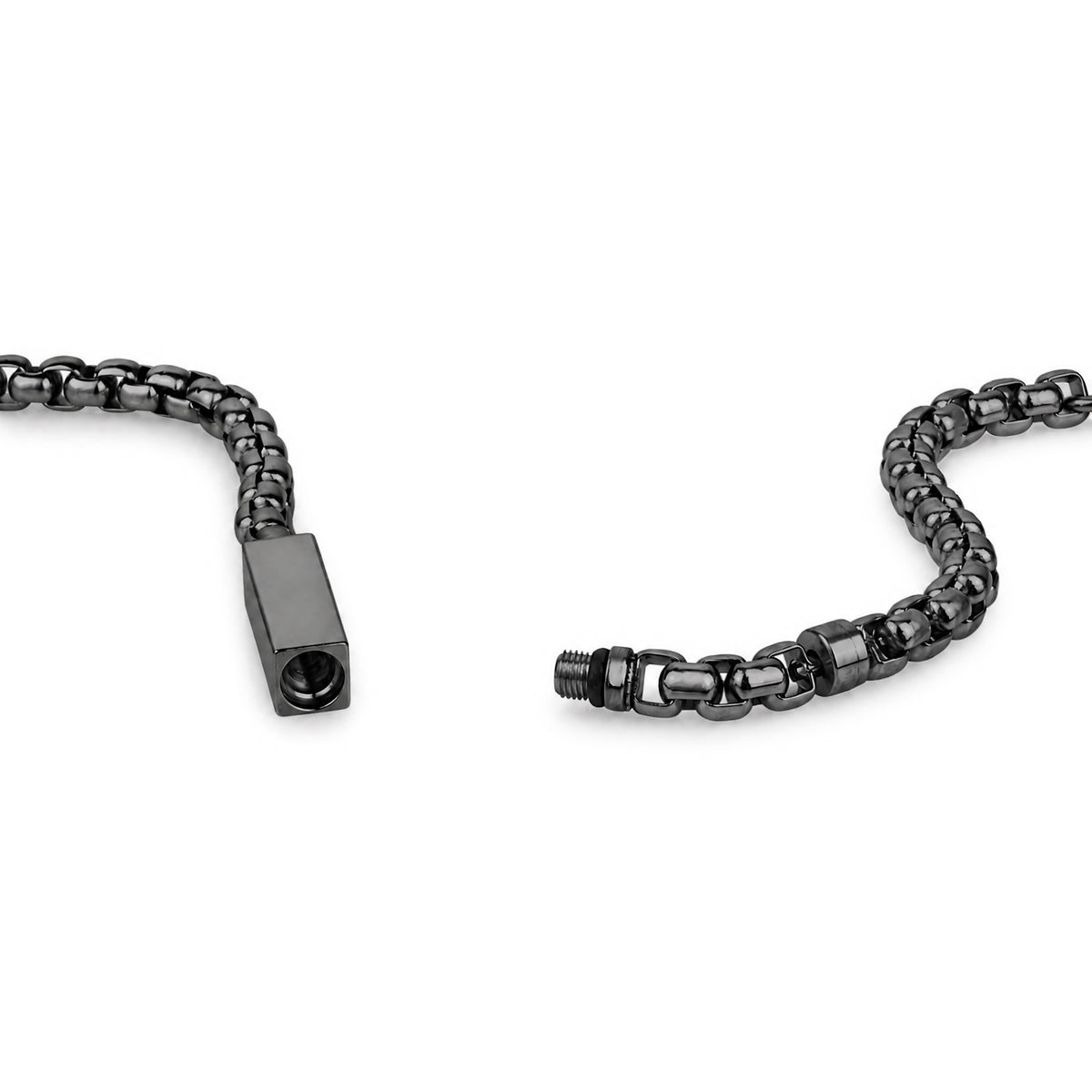 Gunmetal urn bracelet capsule bar unscrewed open, showing the hidden chamber for ashes