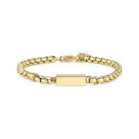 Gold engravable bar urn bracelet with 4mm round box link chain, full length view