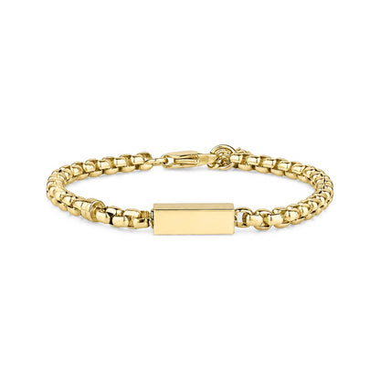 Gold engravable bar urn bracelet with 4mm round box link chain, full length view