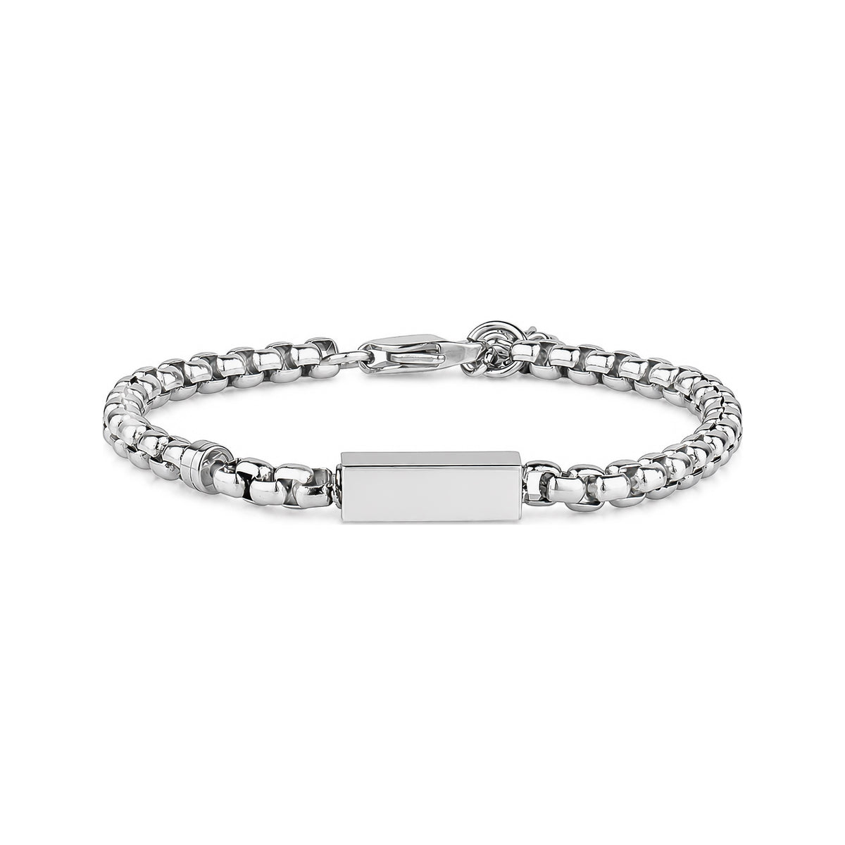 Silver engravable bar urn bracelet with 4mm round box link chain, full length view
