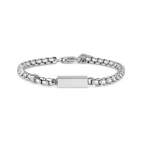 Silver engravable bar urn bracelet with 4mm round box link chain, full length view