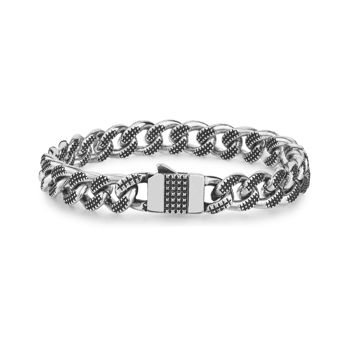 Men's industrial Cuban link bracelet in shiny stainless steel with a black crosshatch finish on each link, full length view