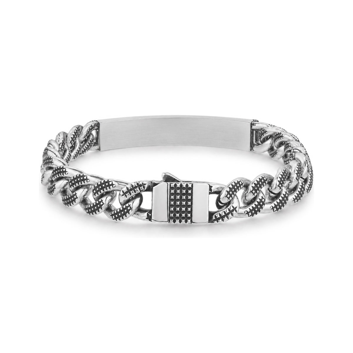Industrial Cuban link ID bracelet rotated to show the engravable box clasp with crosshatch pattern and curb chain detail