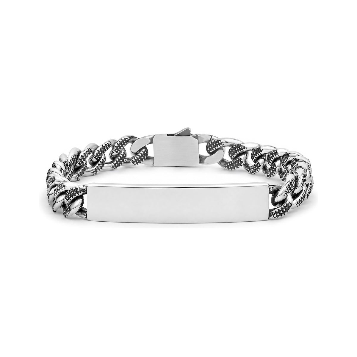 Men's Cuban link ID bracelet in shiny stainless steel with black crosshatch textured links and a polished engravable ID plate, clasp view