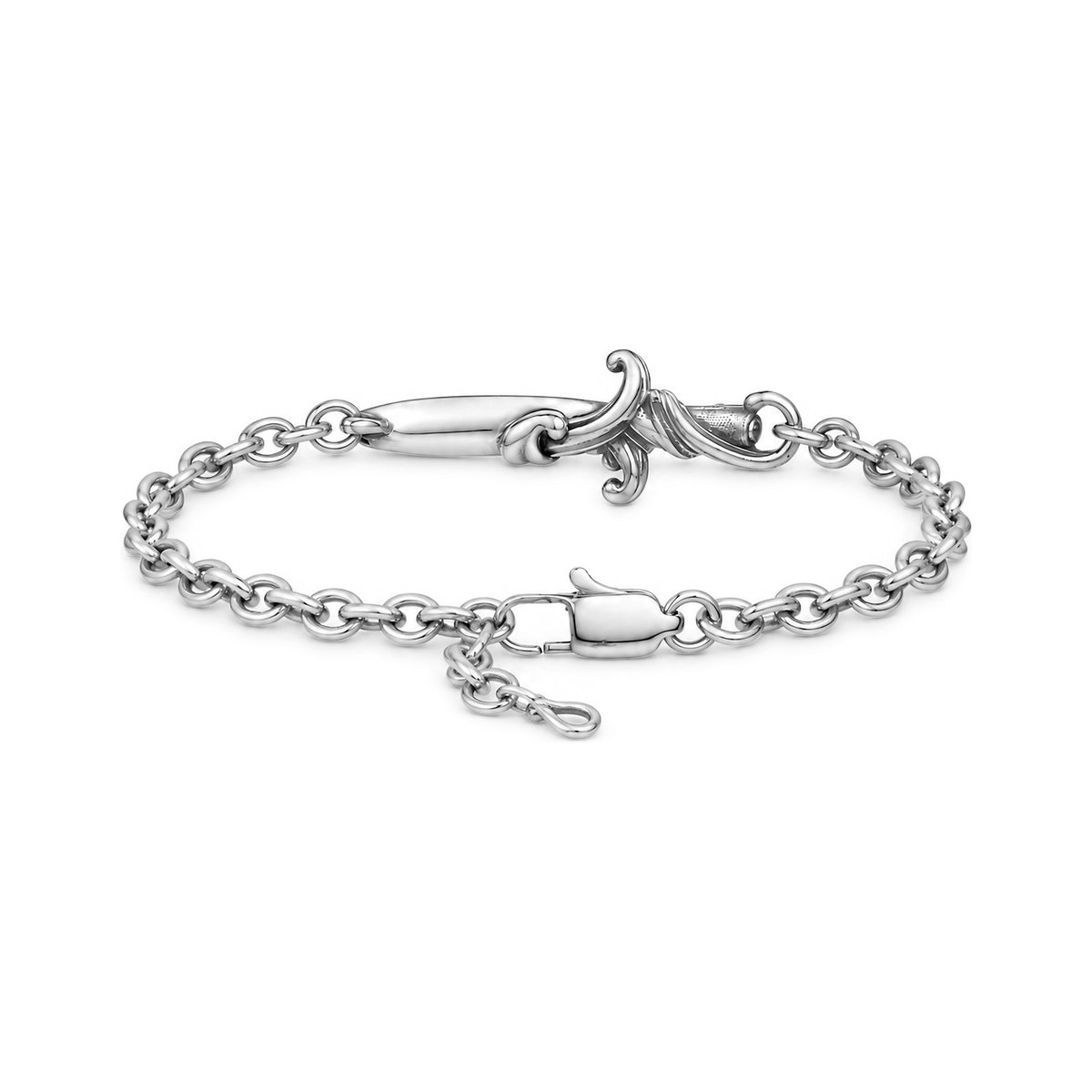 Close-up view of the stainless steel dagger charm bracelet showing the black cubic zirconia stones set in the blade and the lobster clasp with extension chain