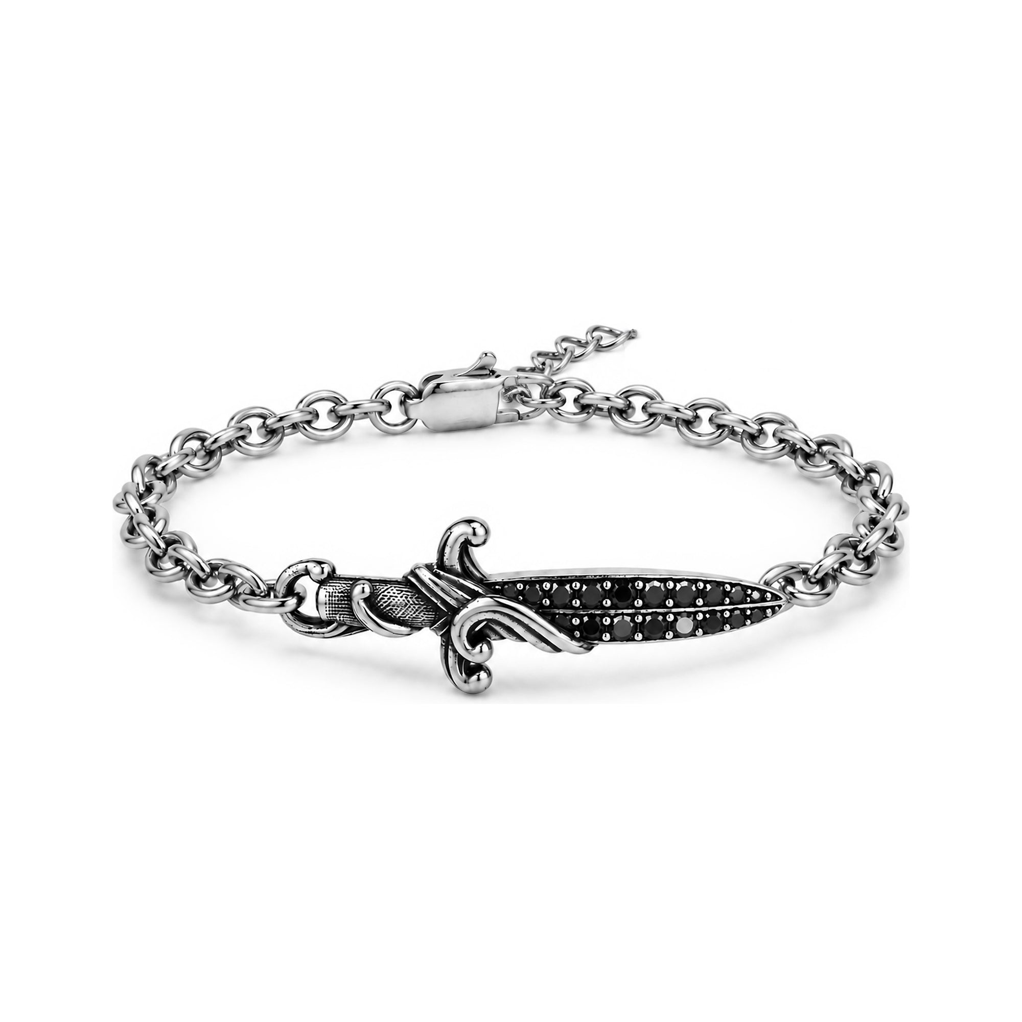 Full view of the shiny stainless steel link bracelet with the dagger charm centered on the chain