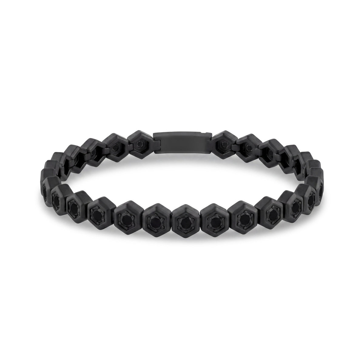 Full view of the NOX men's matte black hexagon tennis bracelet with black cubic zirconia stones and clasp on the side