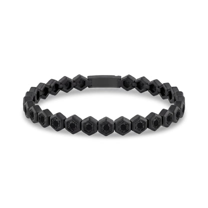 Full view of the NOX men's matte black hexagon tennis bracelet with black cubic zirconia stones and clasp on the side