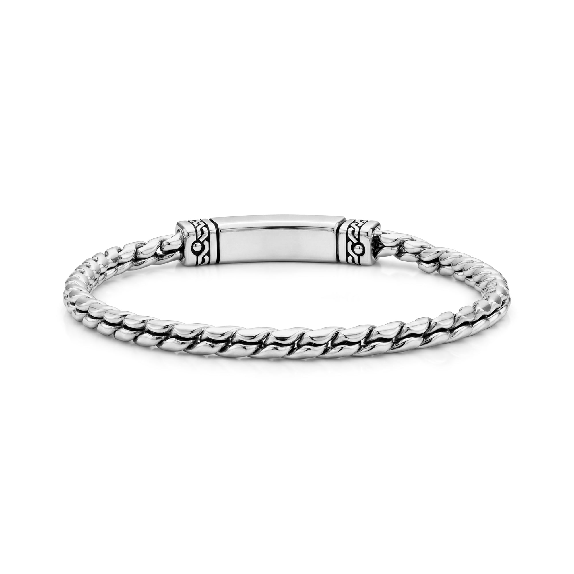 Silver stainless steel interlocking link bracelet with engravable click-in clasp, top view