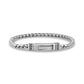 Men's silver interlocking chain bracelet showing the secure clip-in clasp with engraved motif detail