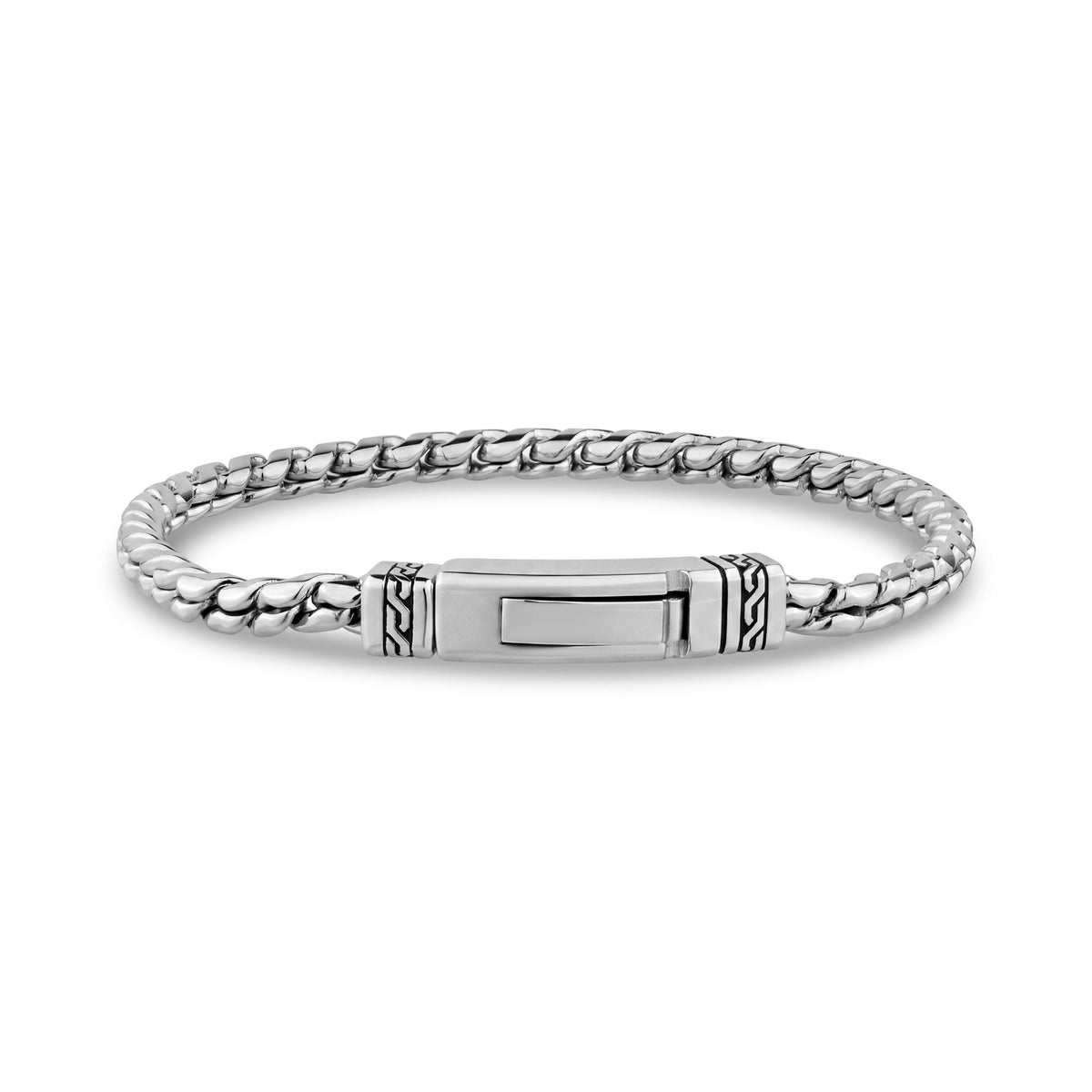Men's silver interlocking chain bracelet showing the secure clip-in clasp with engraved motif detail