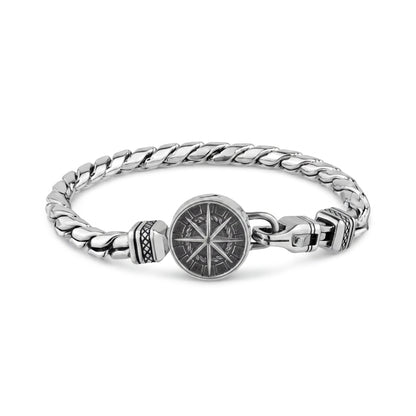 Silver stainless steel interlocking link urn bracelet with engraved compass rose ash chamber, front view