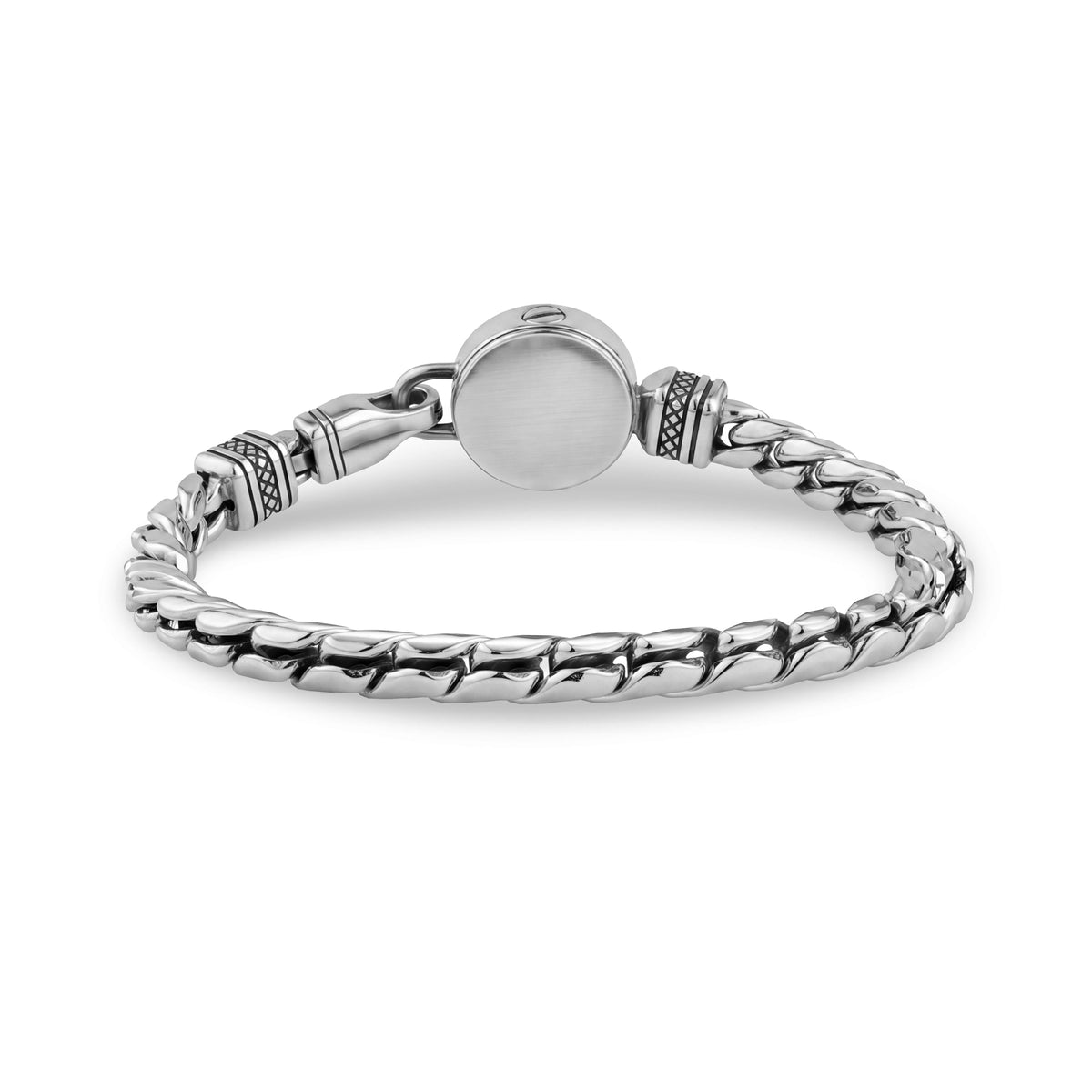 Men's memorial bracelet showing the smooth engravable back of the screw-sealed urn compartment
