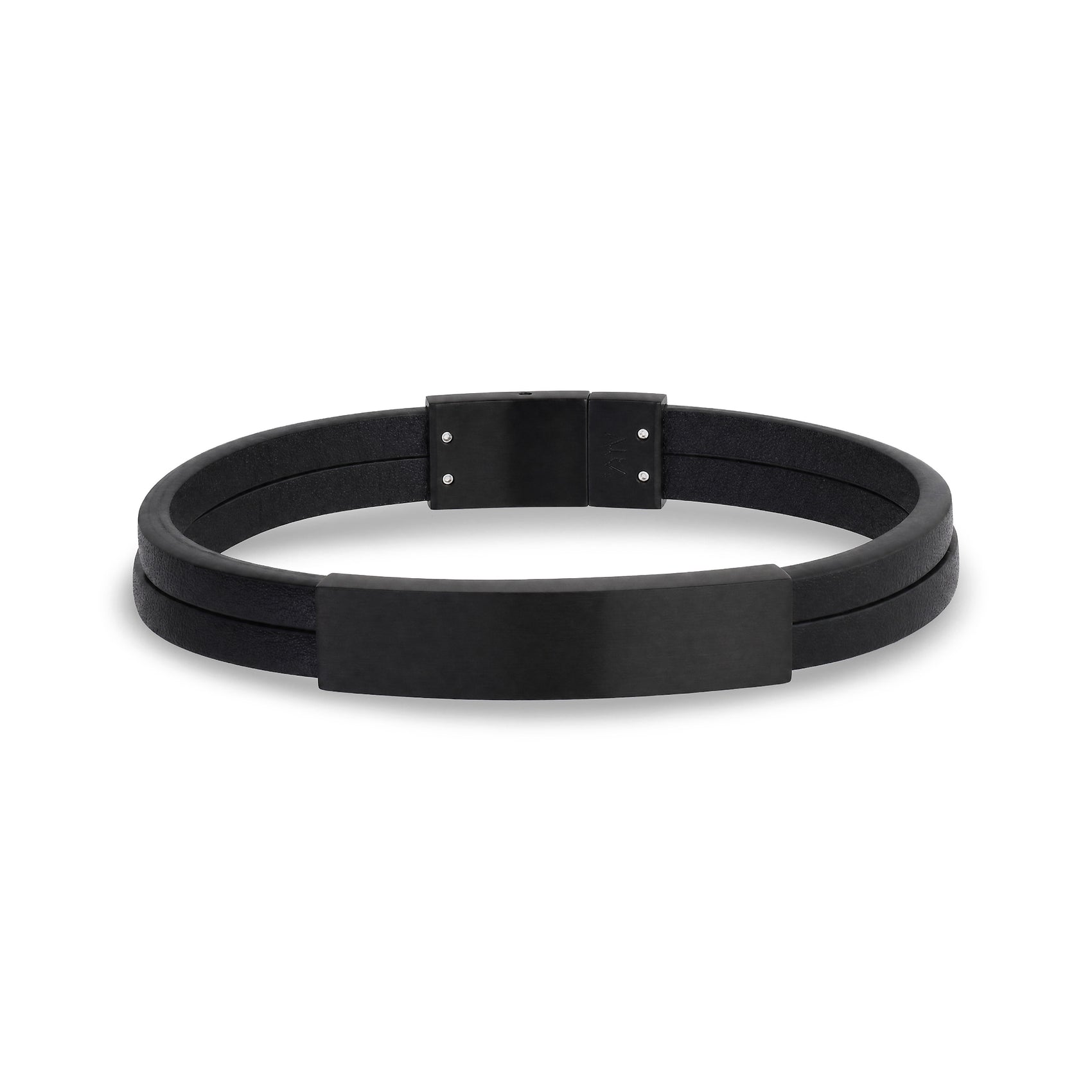 Matte black leather ID bracelet showing the click-in secure clasp with A.R.Z Steel logo, back view