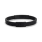 Matte black double row leather ID bracelet for men with engravable stainless steel ID plate, top view showing clasp closure