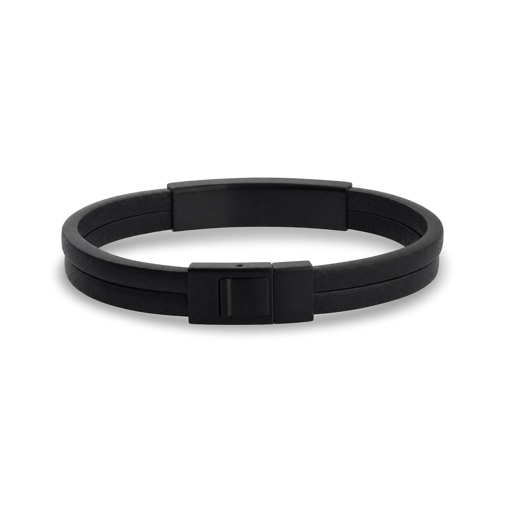 Matte black double row leather ID bracelet for men with engravable stainless steel ID plate, top view showing clasp closure