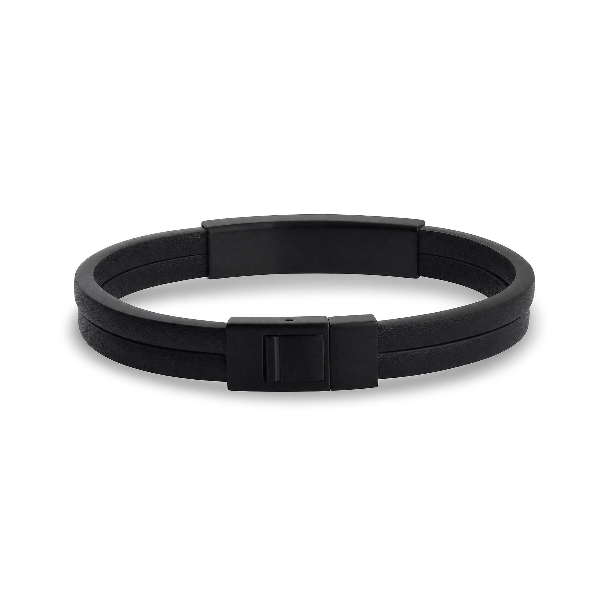 Matte black double row leather ID bracelet for men with engravable stainless steel ID plate, top view showing clasp closure