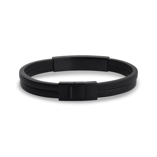 Matte black double row leather ID bracelet for men with engravable stainless steel ID plate, top view showing clasp closure