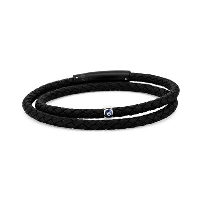 Double-wrap black braided leather bracelet with matte black push clasp and steel evil eye bead accent