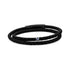 Double-wrap black braided leather bracelet with matte black push clasp and steel evil eye bead accent