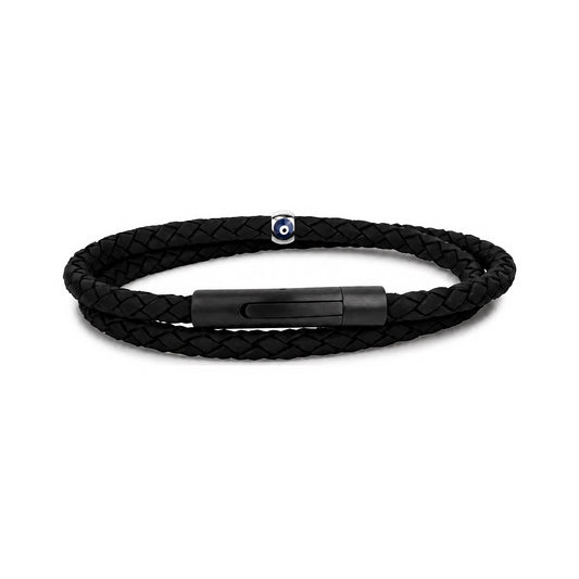 Black leather wrap bracelet close-up showing matte black clasp mechanism and blue evil eye charm detail