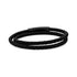 Double-wrap black braided leather bracelet with matte black push clasp, laid flat on white background