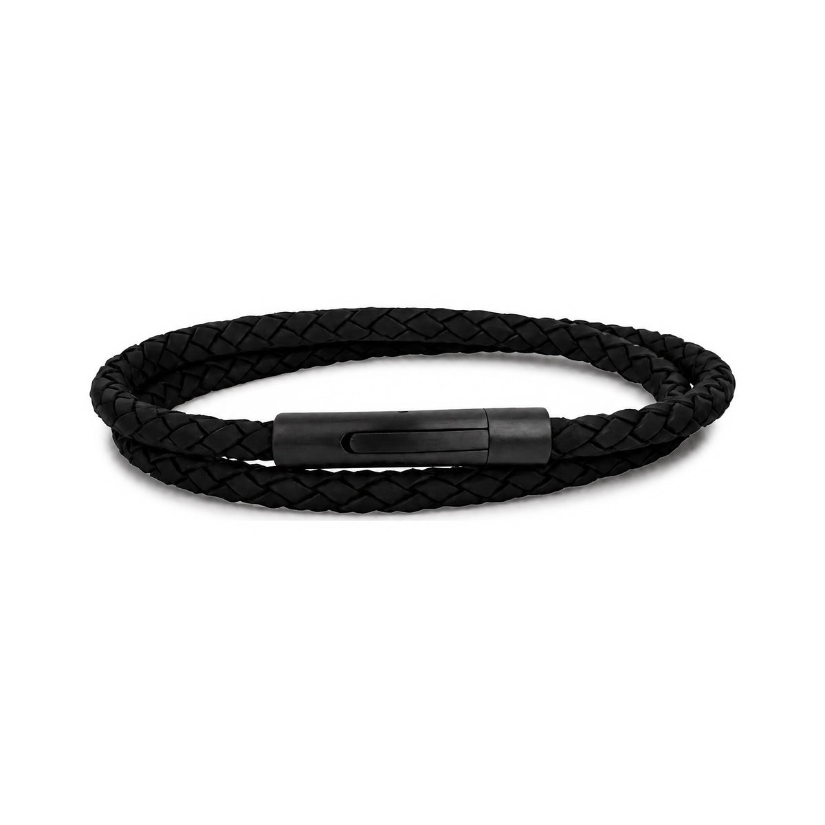 Black leather wrap bracelet close-up showing matte black engravable clasp mechanism