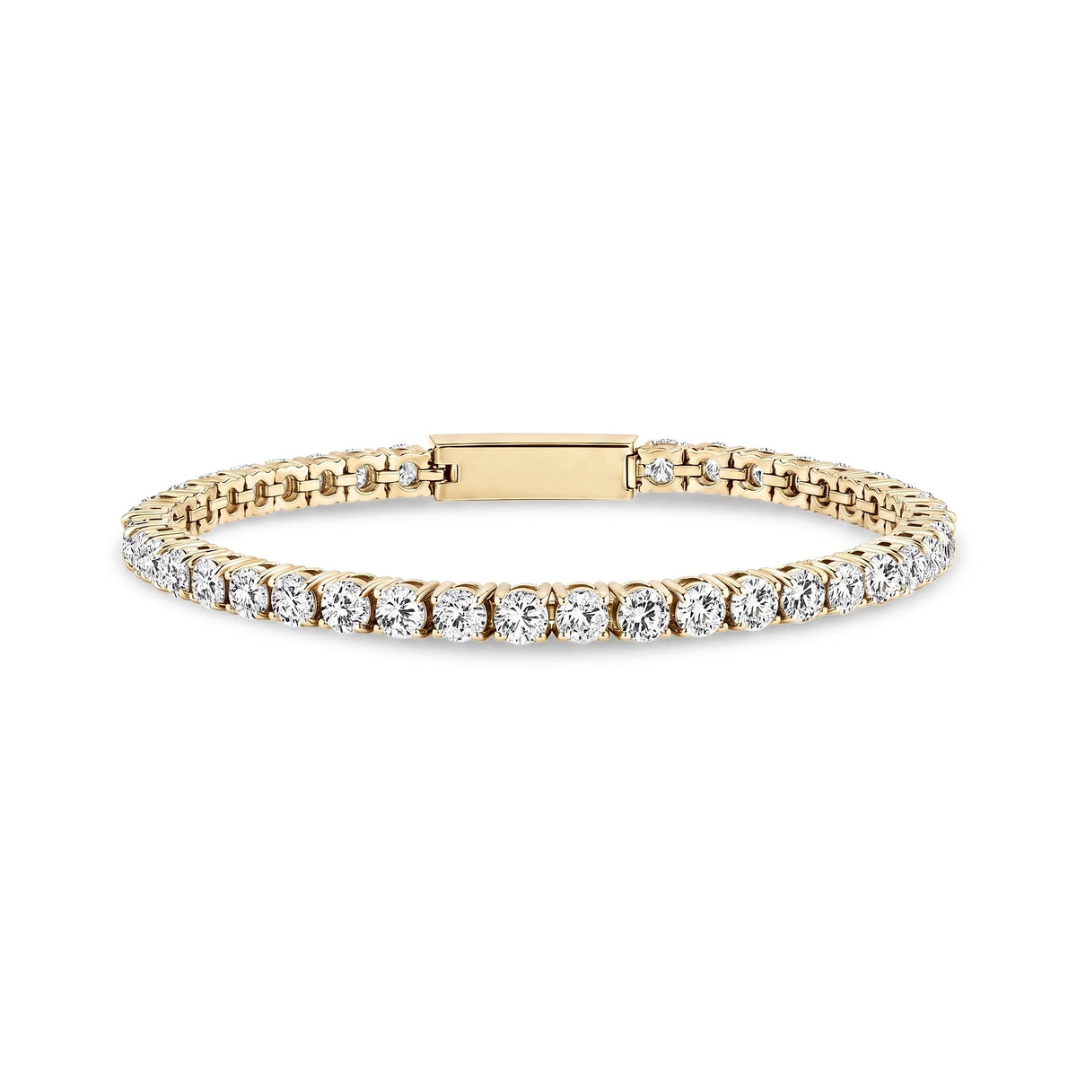Gold stainless steel men's tennis bracelet with 4mm cubic zirconia stones, top view