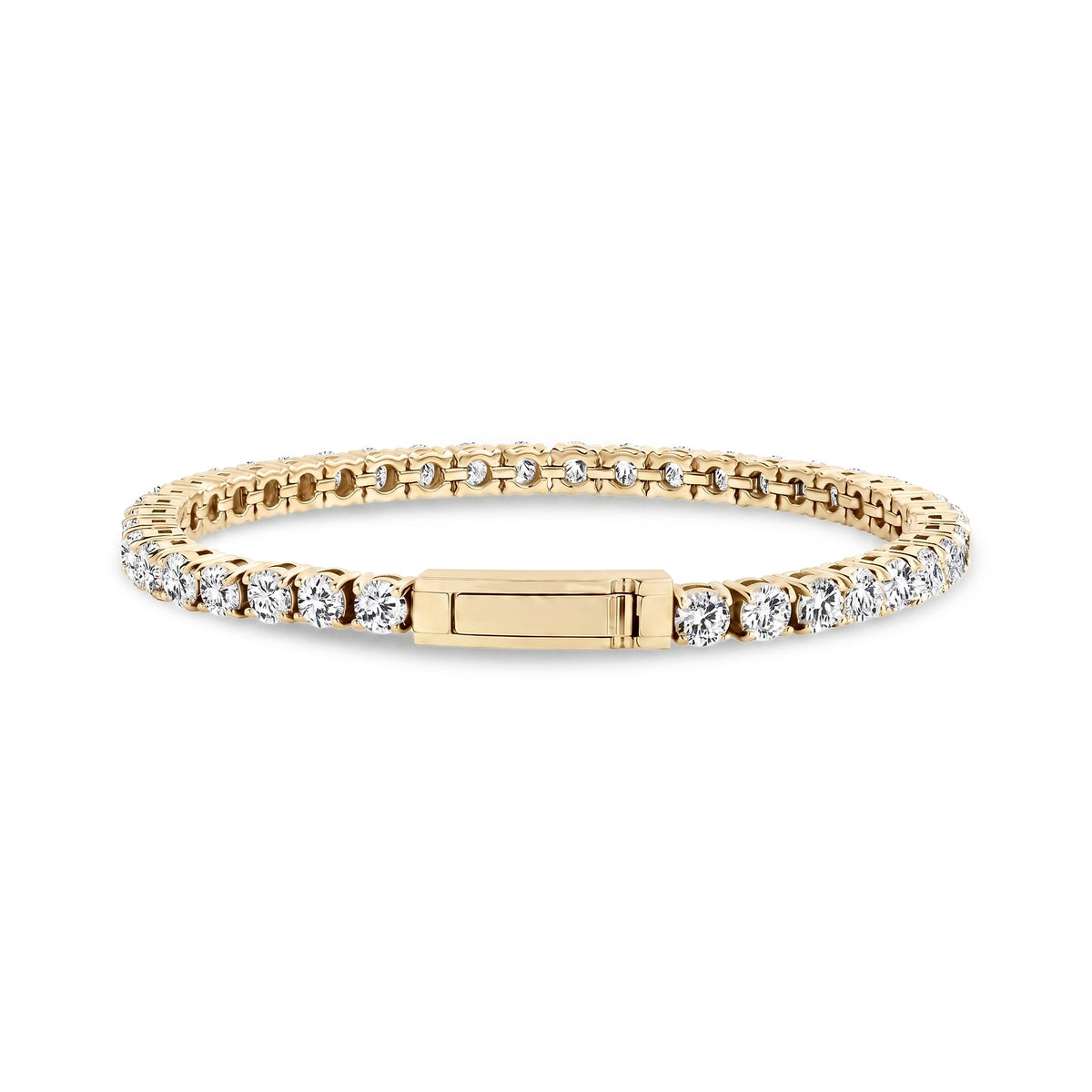 Gold tennis bracelet showing the rectangular engravable click-in clasp