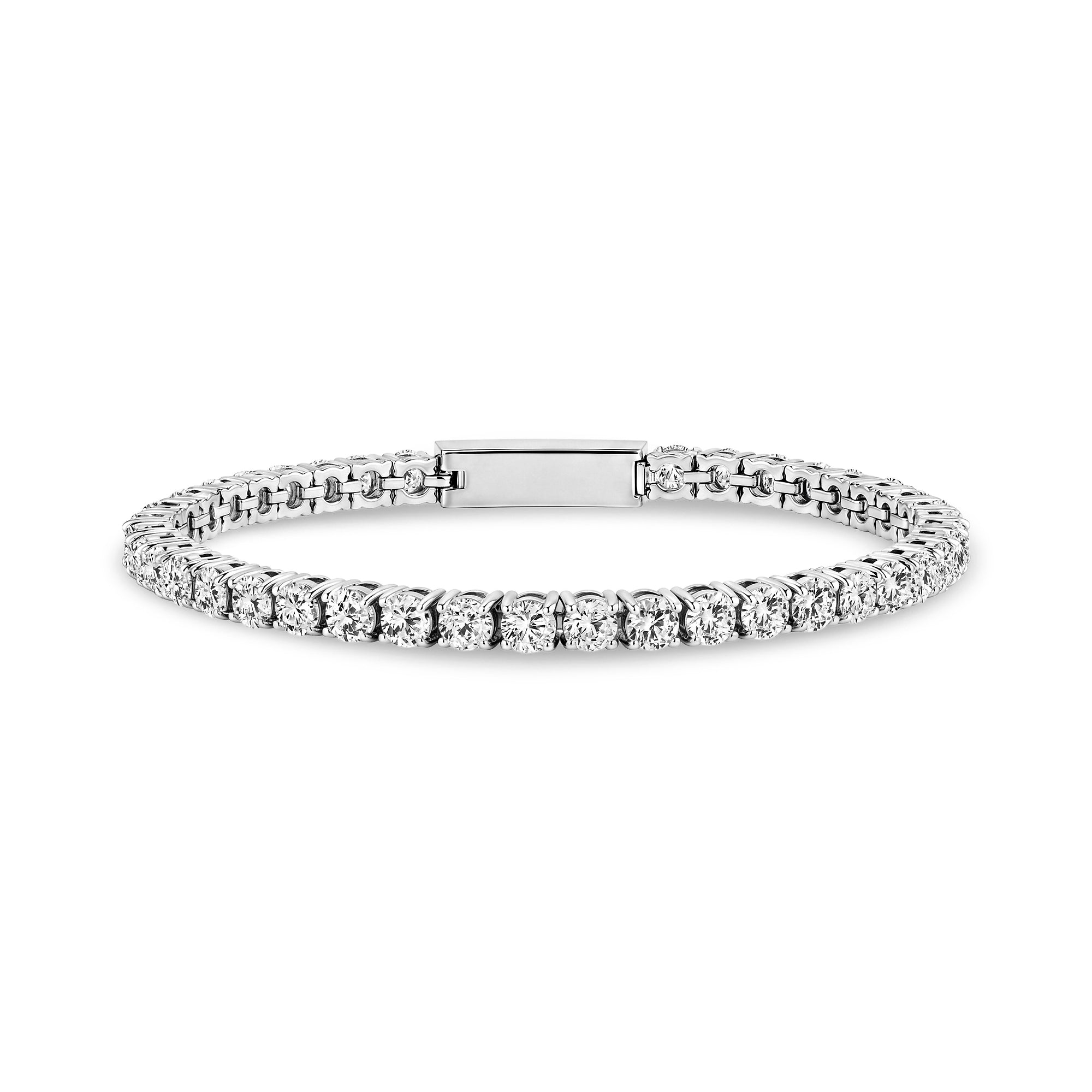 Silver stainless steel men's tennis bracelet with 4mm cubic zirconia stones, top view