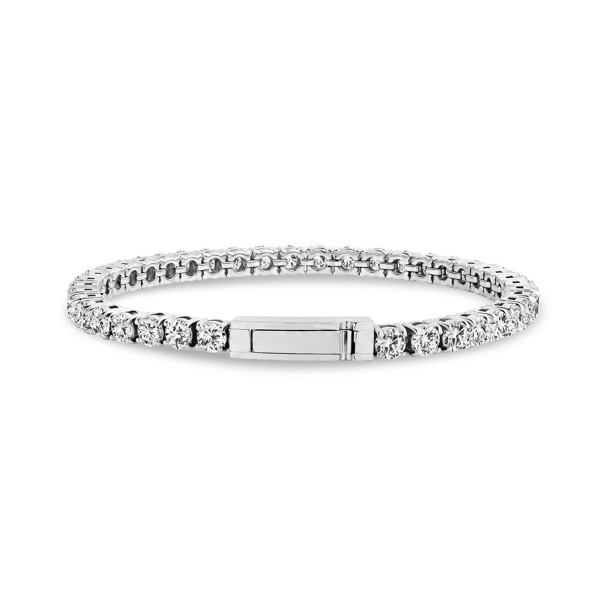 Silver tennis bracelet showing the rectangular engravable click-in clasp