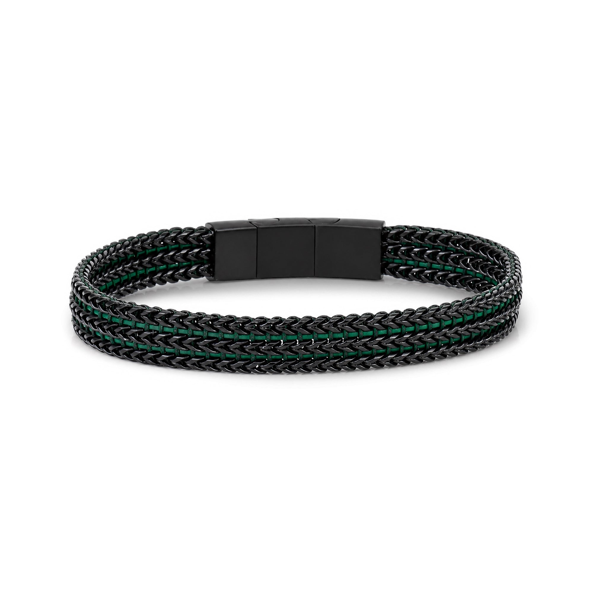 Men's green and black woven stainless steel bracelet with green cord, full length view