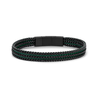Men's green and black woven stainless steel bracelet with green cord, full length view