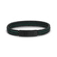 Close-up of the engravable matte black clasp on the green and black woven steel bracelet