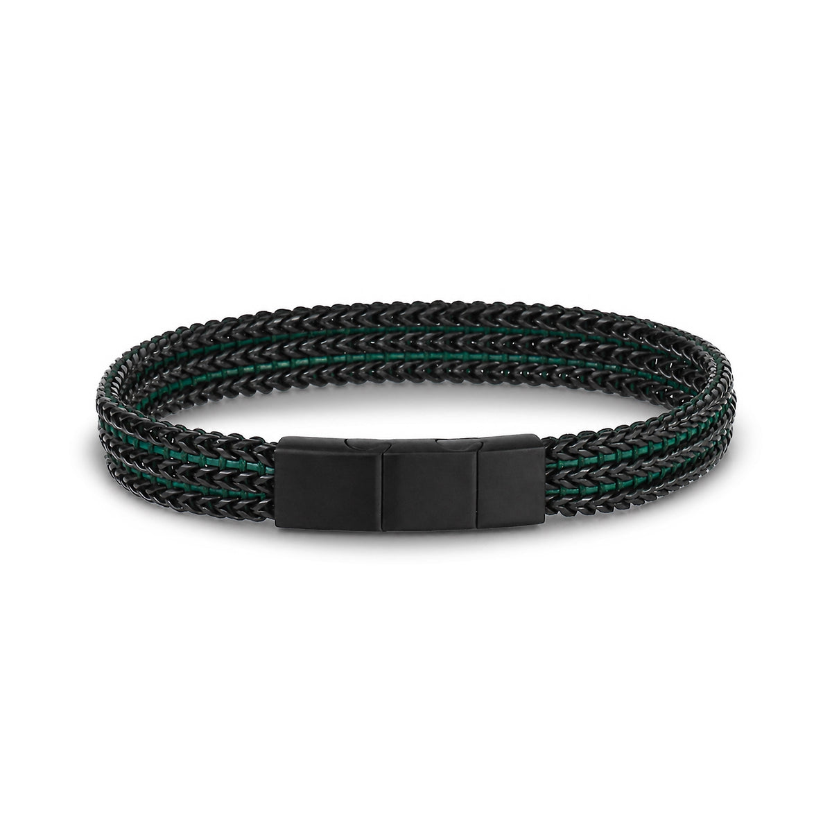 Close-up of the engravable matte black clasp on the green and black woven steel bracelet