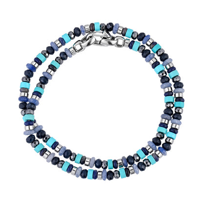 Men's double-wrap beaded bracelet with blue aventurine and turquoise heishi beads and stainless steel spacers, coiled view showing lobster clasp