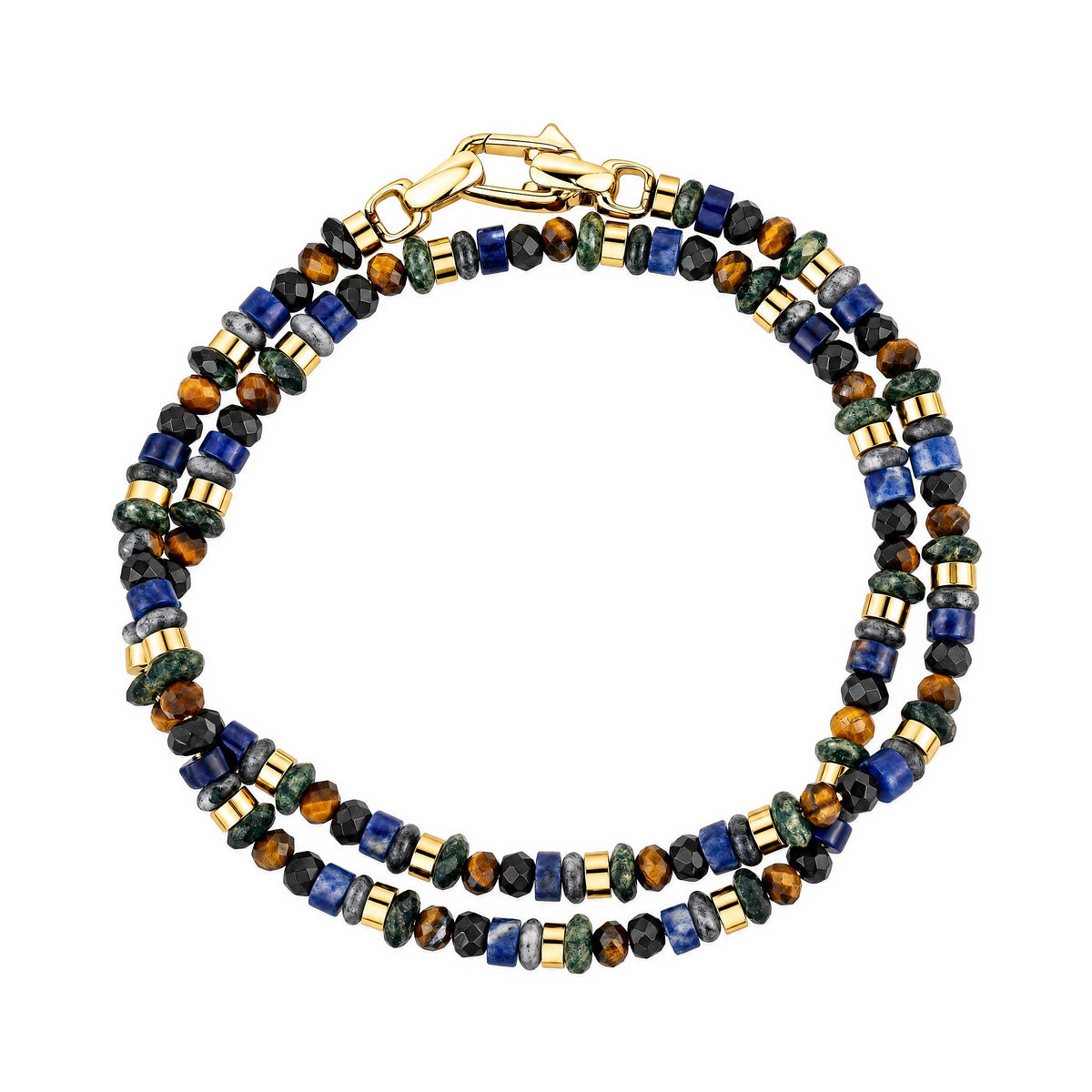 Men's double-wrap beaded bracelet with tiger eye, kambaba jasper, lapis and black onyx beads and gold-tone stainless steel spacers and clasp