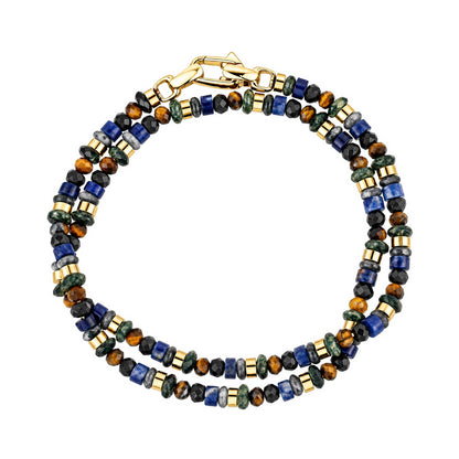 Men's double-wrap beaded bracelet with tiger eye, kambaba jasper, lapis and black onyx beads and gold-tone stainless steel spacers and clasp