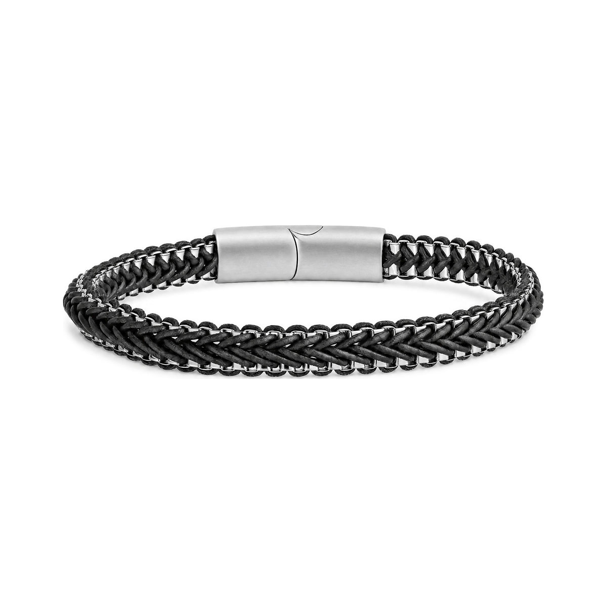 Grey woven leather herringbone bracelet with matte stainless steel clasp, closed view showing box chain detail
