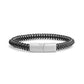 Men's grey leather and steel herringbone bracelet with brushed steel clasp shown at an angle