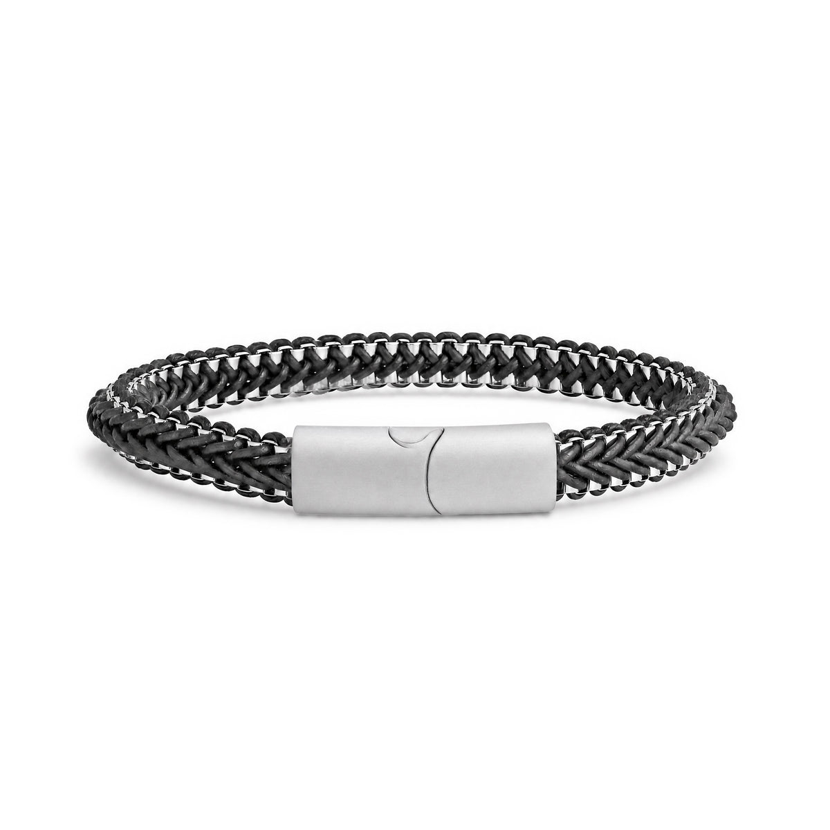 Men's grey leather and steel herringbone bracelet with brushed steel clasp shown at an angle