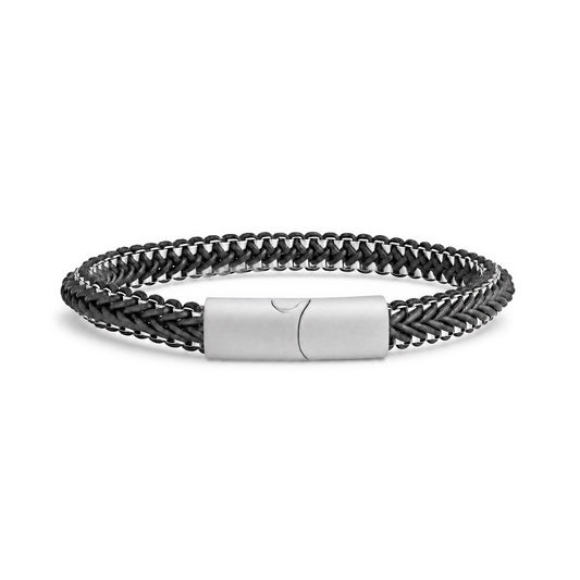 Men's grey leather and steel herringbone bracelet with brushed steel clasp shown at an angle