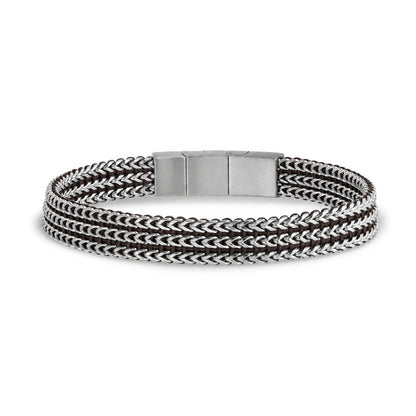 Men's brown and silver woven stainless steel bracelet with dark brown cord, full length view