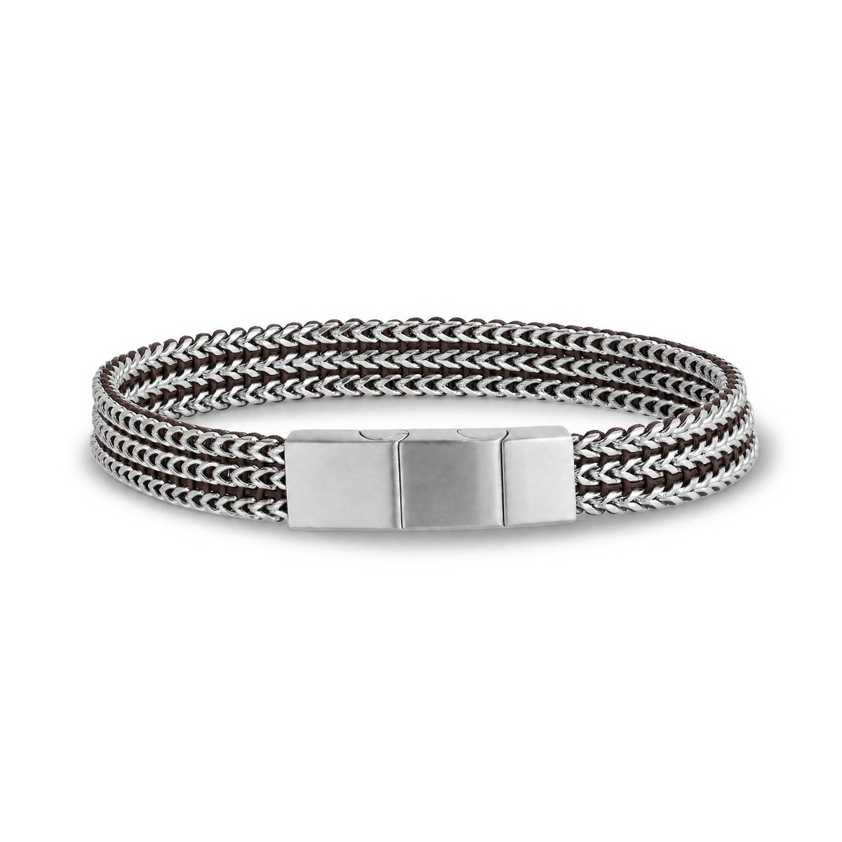 Close-up of the engravable matte silver clasp on the brown and silver woven steel bracelet
