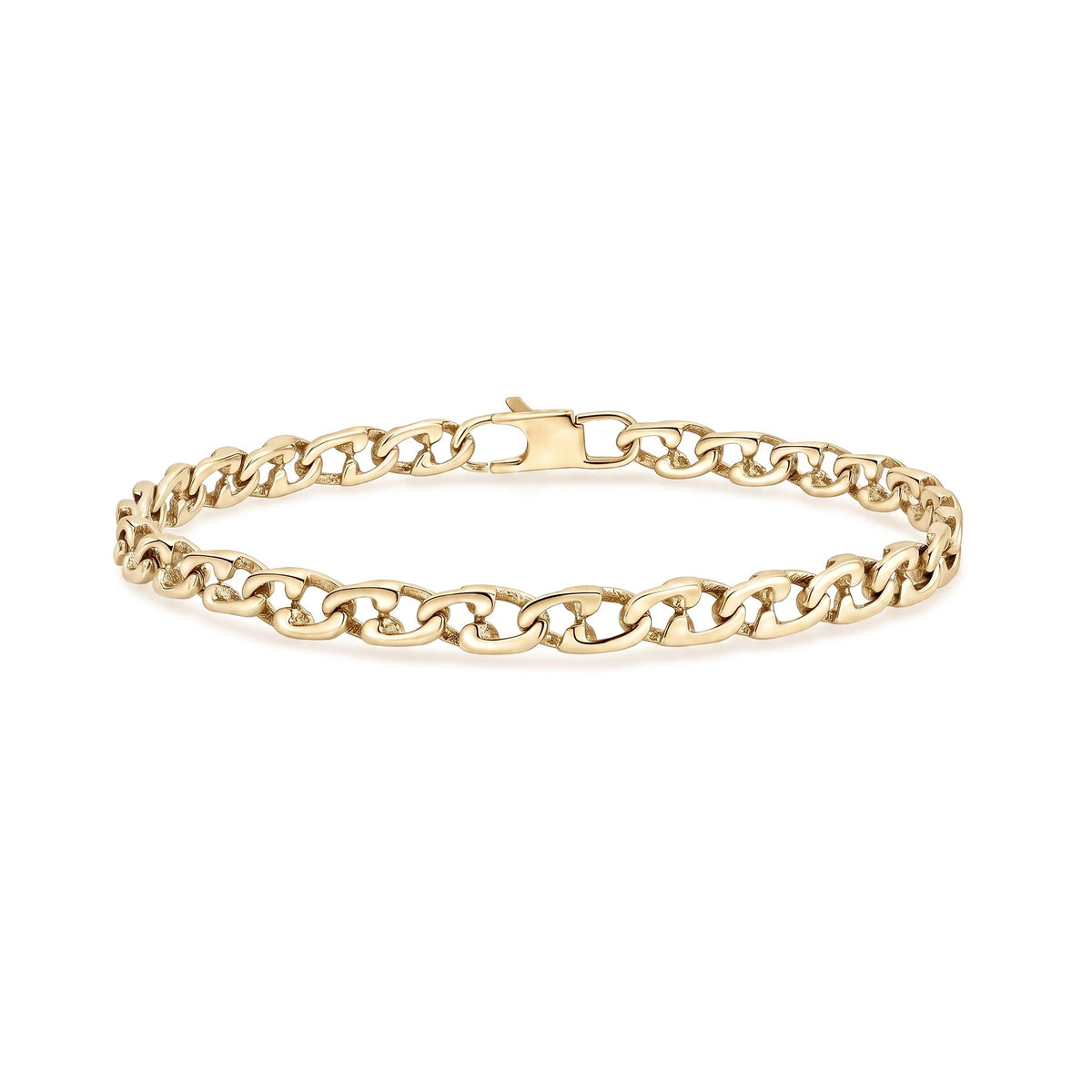 Gold stainless steel sailor link bracelet laid flat showing oval mariner-style links and lobster clasp