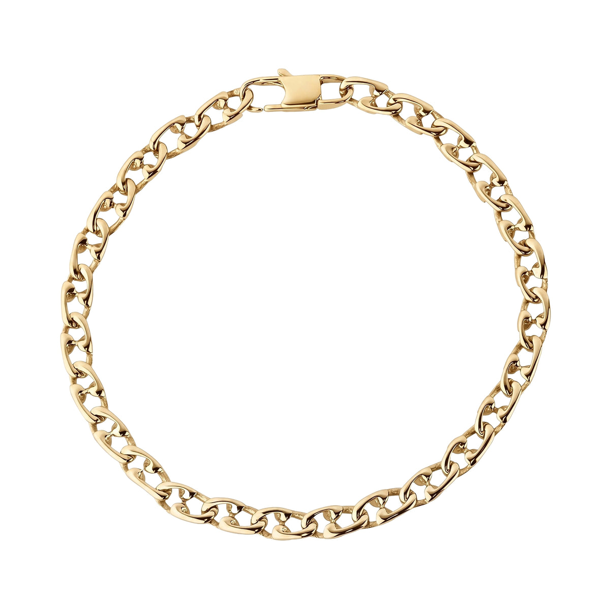 Gold sailor link bracelet viewed from above in a circular coil showing the full chain pattern