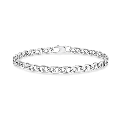 Silver stainless steel sailor link bracelet laid flat showing oval mariner-style links and lobster clasp