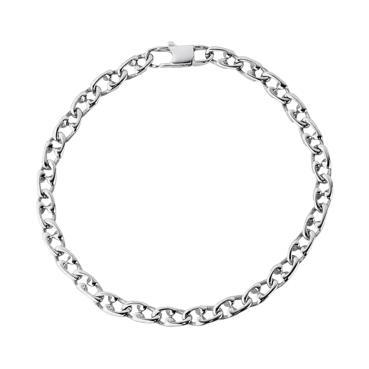 Silver sailor link bracelet viewed from above in a circular coil showing the full chain pattern